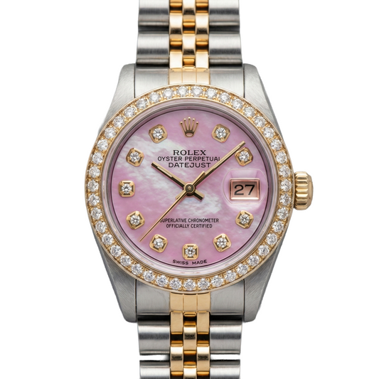 Orologio Rolex da donna con diamanti in oro giallo 18 carati e quadrante rosa
