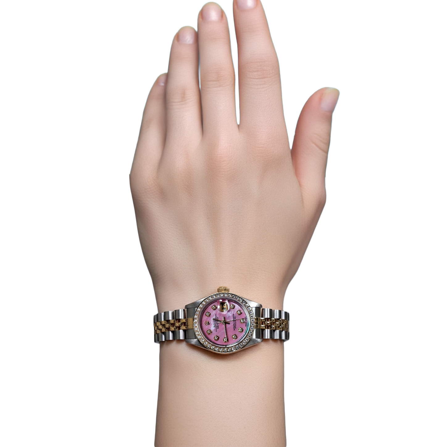 Orologio Rolex da donna con diamanti in oro giallo 18 carati e quadrante rosa P4