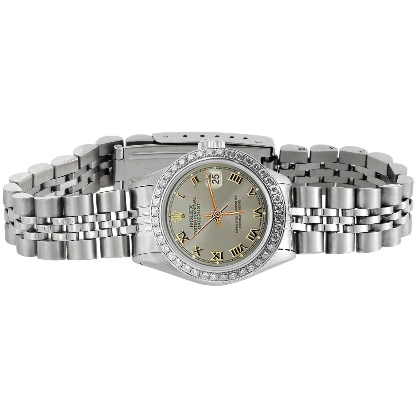 Orologio Rolex da donna con lunetta in diamanti e cinturino in acciaio inossidabile giubileo grigio romano