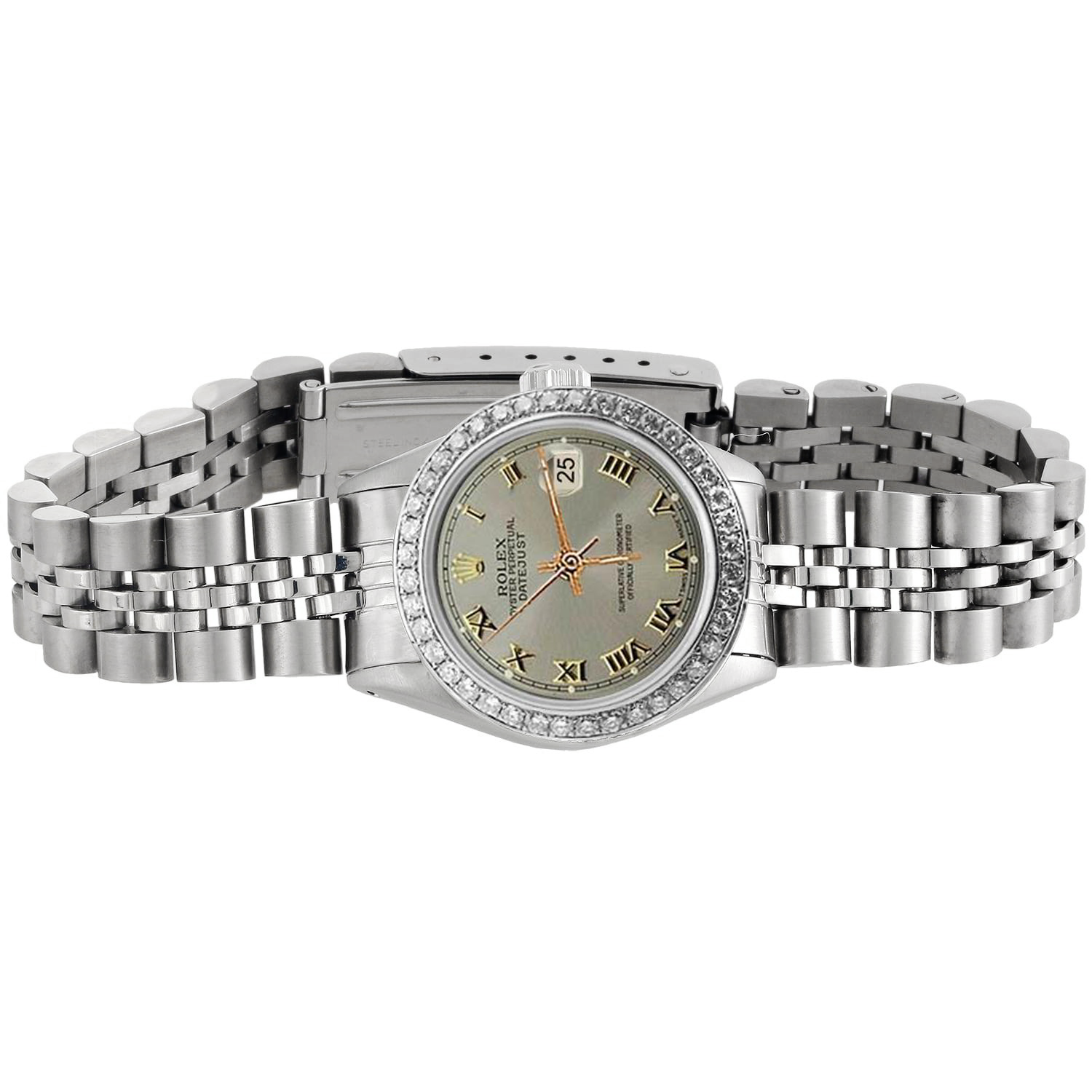 Orologio Rolex da donna con lunetta in diamanti e cinturino in acciaio inossidabile giubileo grigio romano