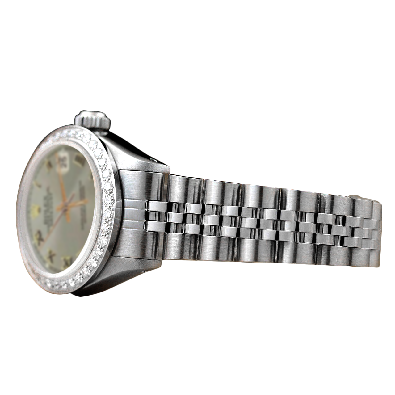 Orologio Rolex da donna con lunetta in diamanti e cinturino in acciaio inossidabile giubileo grigio romano