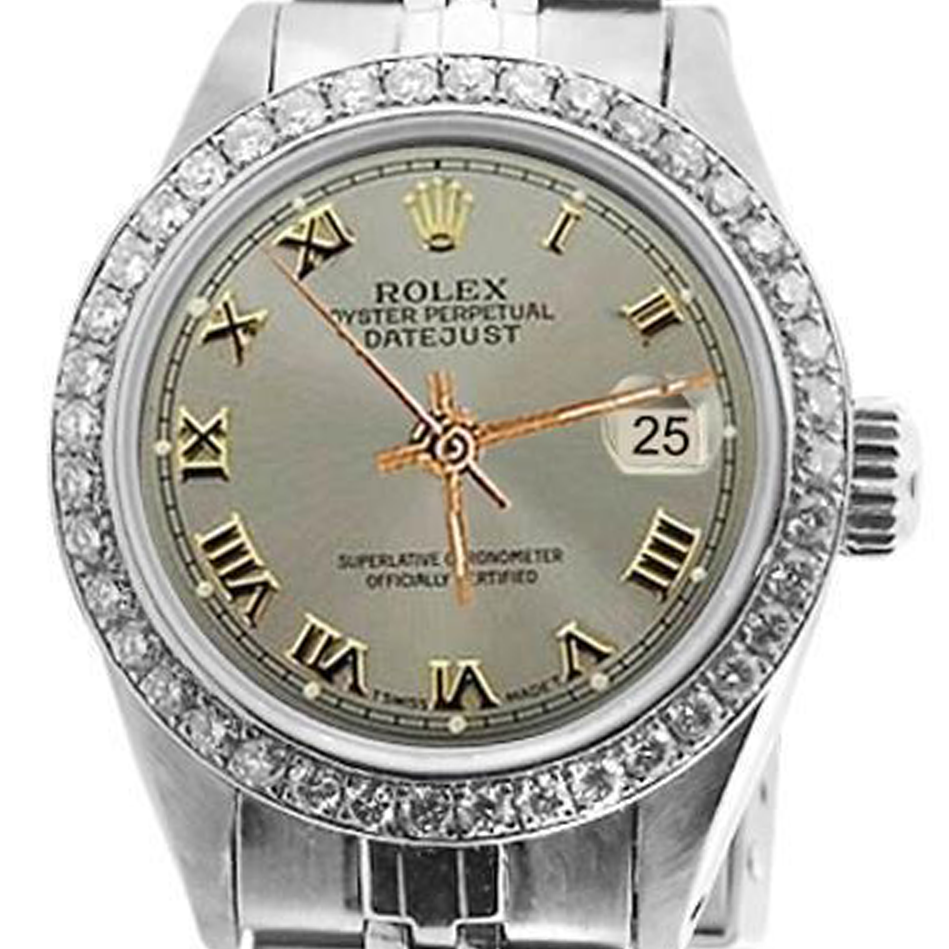 Orologio Rolex da donna con lunetta in diamanti e cinturino in acciaio inossidabile giubileo grigio romano