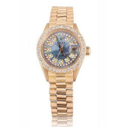 Orologio Rolex da donna in oro giallo con quadrante con diamanti e cinturino in madreperla grigio bluastro