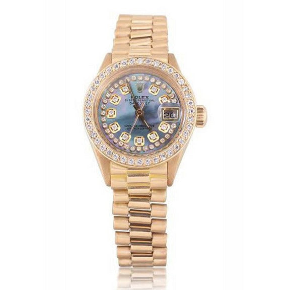 Orologio Rolex da donna in oro giallo con quadrante con diamanti e cinturino 