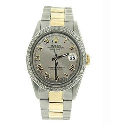 Orologio Rolex di medie dimensioni con bracciale Oyster marrone e quadrante romano grigio oro