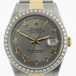 Orologio Rolex di medie dimensioni con bracciale Oyster marrone e quadrante romano grigio oro