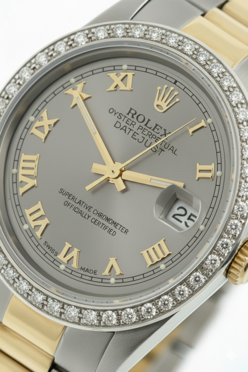 Orologio Rolex di medie dimensioni con bracciale Oyster marrone e quadrante romano grigio oro