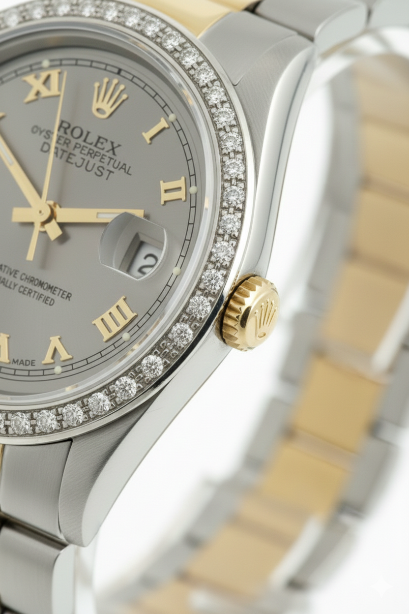 Orologio Rolex di medie dimensioni con bracciale Oyster marrone e quadrante romano grigio oro