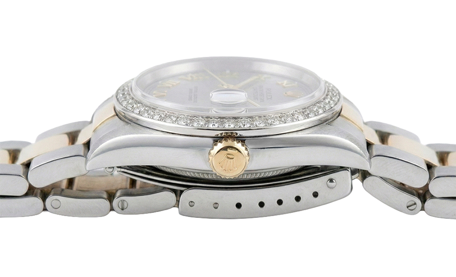 Orologio Rolex di medie dimensioni con bracciale Oyster marrone e quadrante romano grigio oro