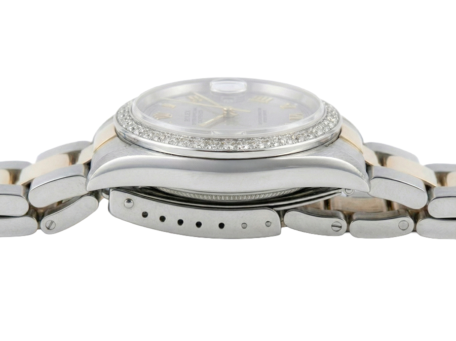 Orologio Rolex di medie dimensioni con bracciale Oyster marrone e quadrante romano grigio oro