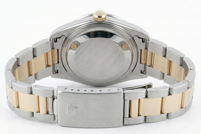 Orologio Rolex di medie dimensioni con bracciale Oyster marrone e quadrante romano grigio oro
