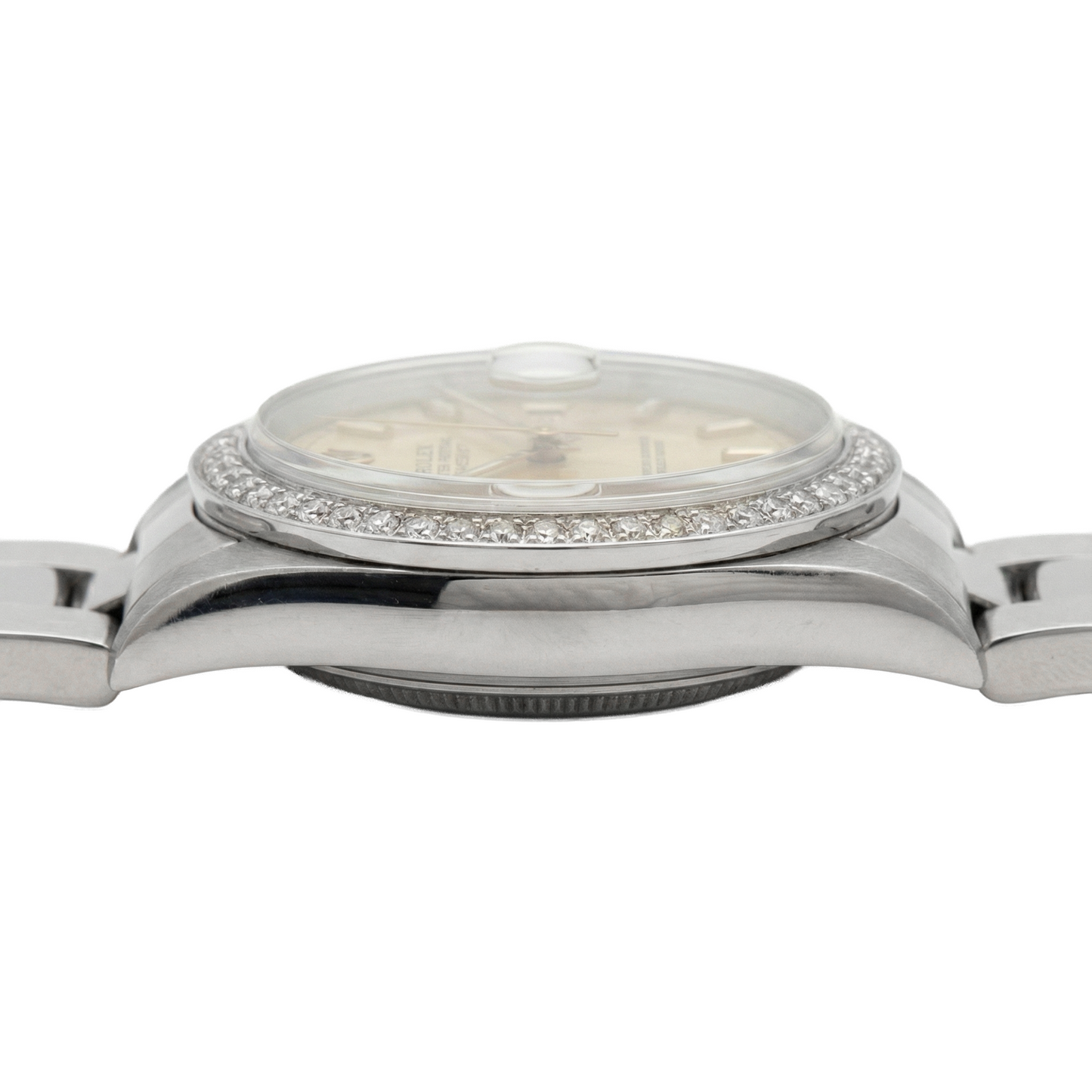 Orologio Rolex di medie dimensioni con quadrante a bastoncino in acciaio inossidabile e bracciale ostrica con lunetta di diamanti