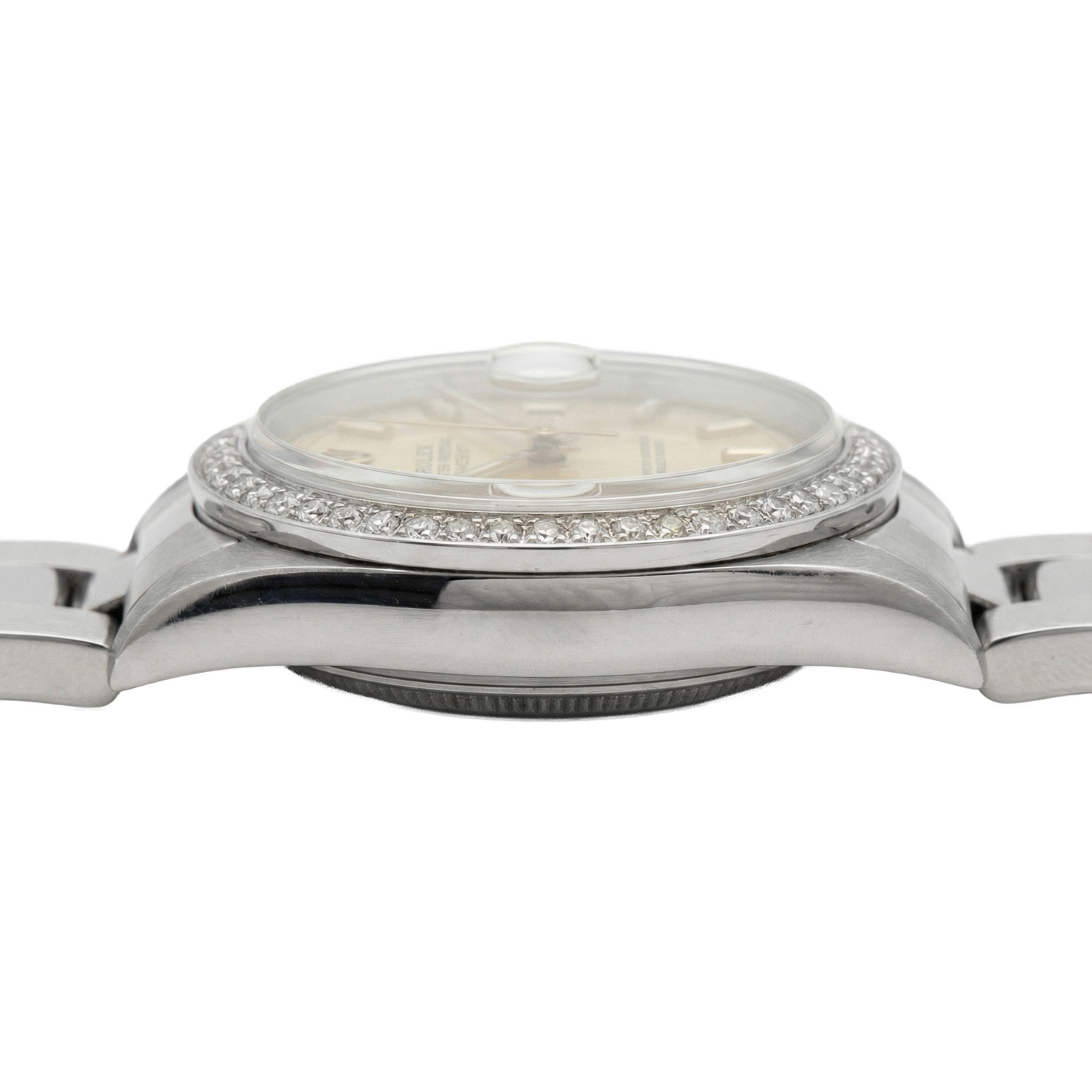 Orologio Rolex di medie dimensioni con quadrante a bastoncino in acciaio inossidabile e bracciale ostrica con lunetta di diamanti