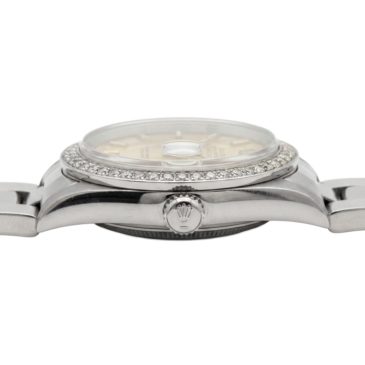 Orologio Rolex di medie dimensioni con quadrante a bastoncino in acciaio inossidabile e bracciale ostrica con lunetta di diamanti