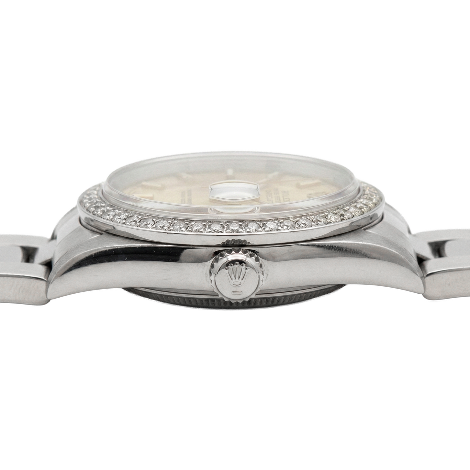 Orologio Rolex di medie dimensioni con quadrante a bastoncino in acciaio inossidabile e bracciale ostrica con lunetta di diamanti