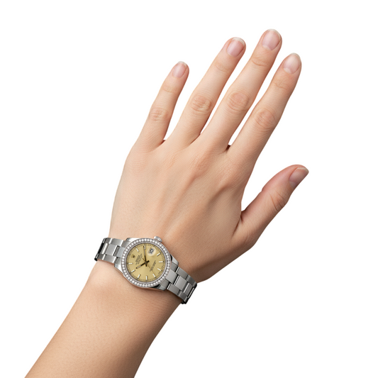 Orologio Rolex di medie dimensioni con quadrante a bastoncino in acciaio inossidabile e bracciale ostrica con lunetta di diamanti P2