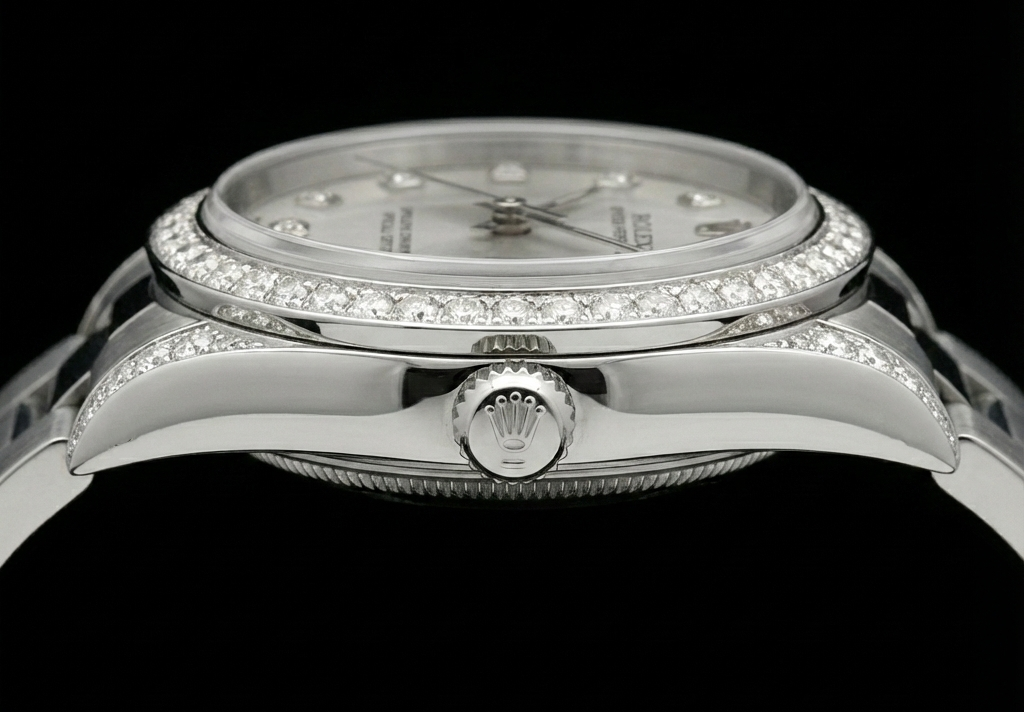 Orologio Rolex di medie dimensioni senza data da 31 mm con lunetta personalizzata con diamanti in acciaio inossidabile