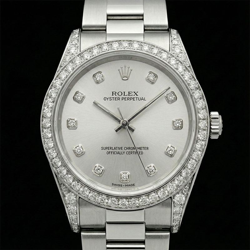 Orologio Rolex di medie dimensioni senza data da 31 mm con lunetta personalizzata con diamanti in acciaio inossidabile