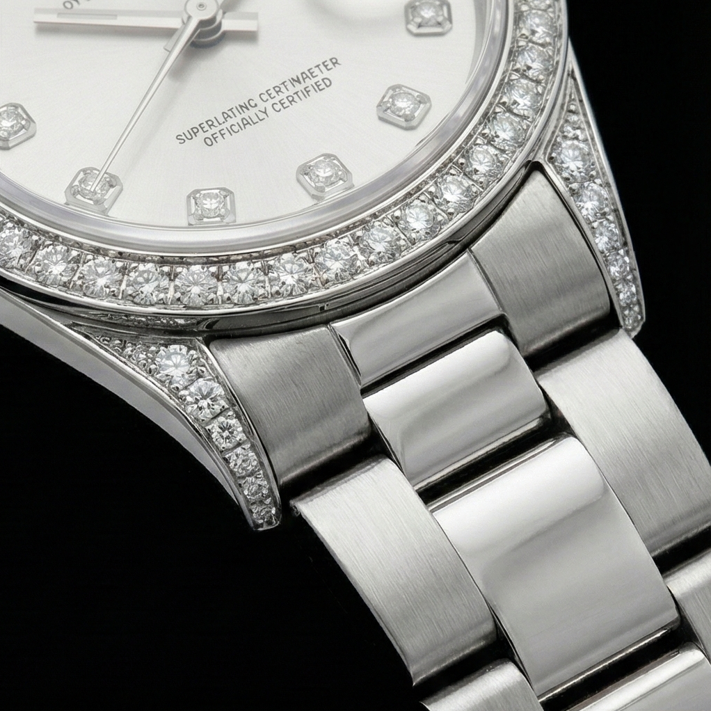 Orologio Rolex di medie dimensioni senza data da 31 mm con lunetta personalizzata con diamanti in acciaio inossidabile