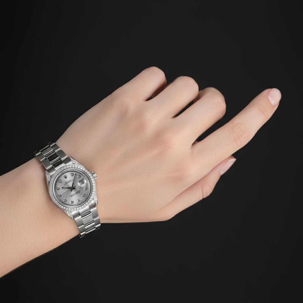 Orologio Rolex di medie dimensioni senza data da 31 mm con lunetta personalizzata con diamanti in acciaio inossidabile P3