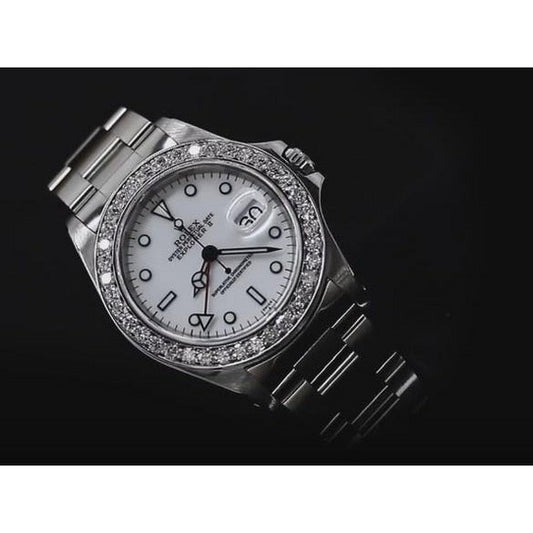 Orologio Rolex esploratore Ii da uomo con quadrante bianco, lunetta personalizzata con diamanti
