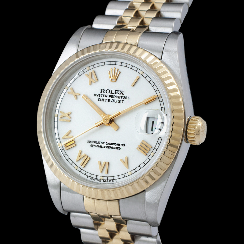 Orologio Rolex in acciaio inossidabile di medie dimensioni da 31 mm con bracciale bicolore, quadrante bianco con numeri romani