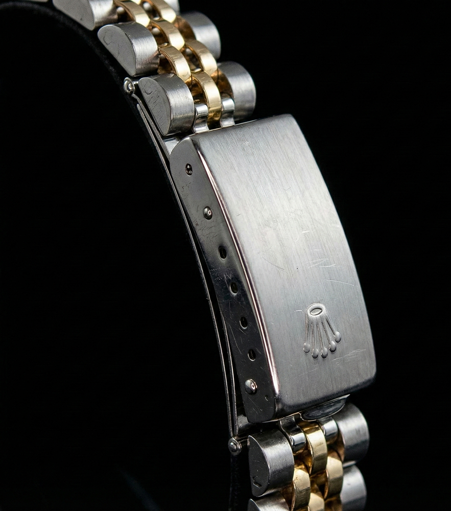 Orologio Rolex in acciaio inossidabile di medie dimensioni da 31 mm con bracciale bicolore, quadrante bianco con numeri romani