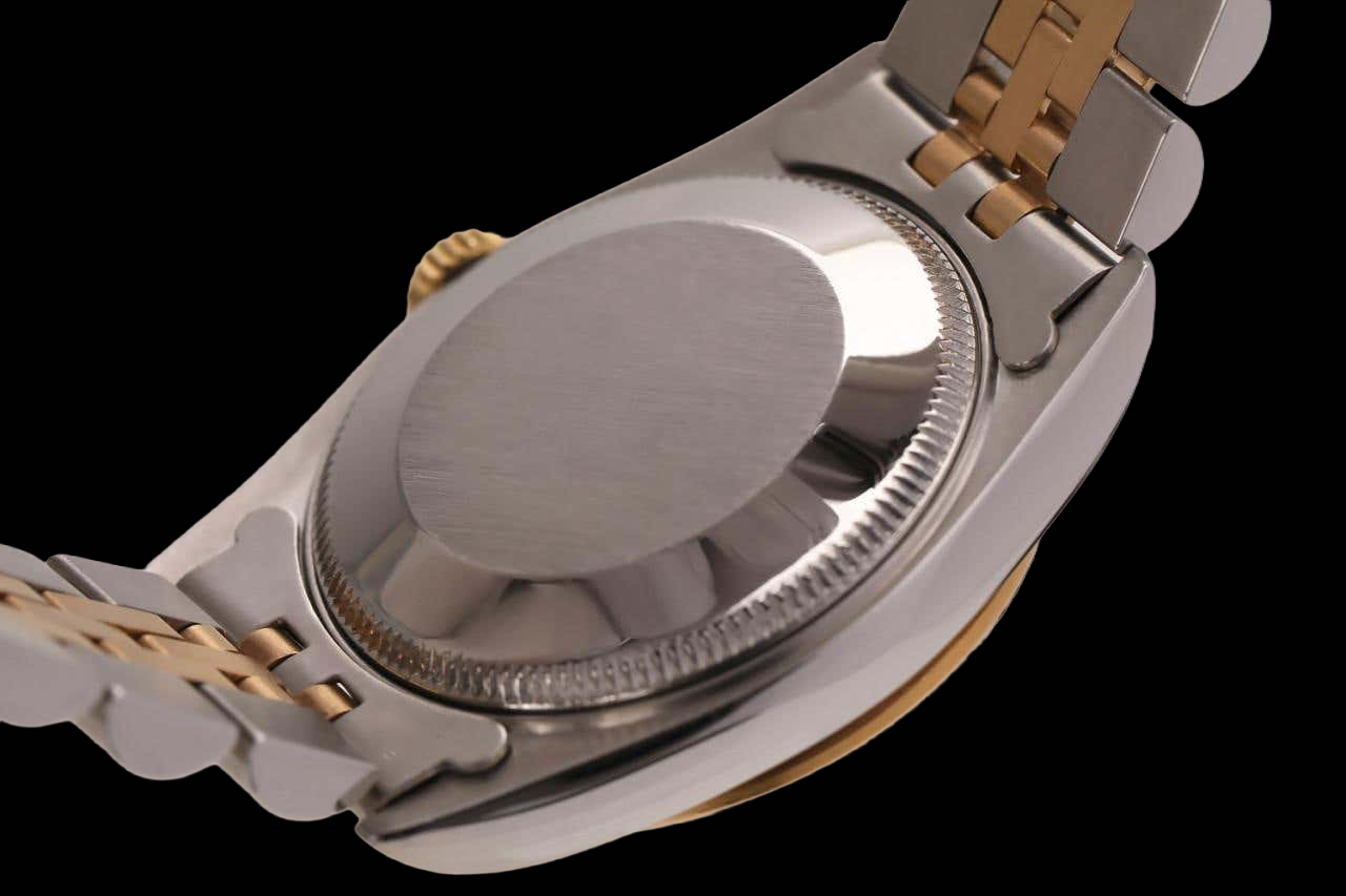 Orologio Rolex in acciaio inossidabile di medie dimensioni da 31 mm con bracciale bicolore, quadrante bianco con numeri romani