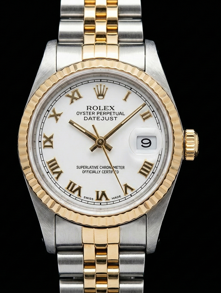 Orologio Rolex in acciaio inossidabile di medie dimensioni da 31 mm con bracciale bicolore, quadrante bianco con numeri romani