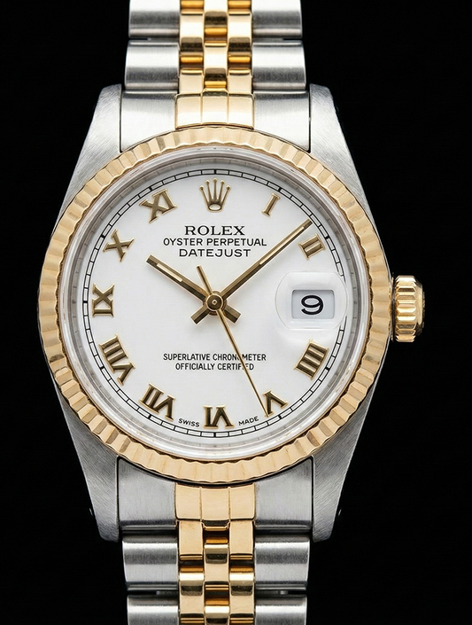 Orologio Rolex in acciaio inossidabile di medie dimensioni da 31 mm con bracciale bicolore, quadrante bianco con numeri romani