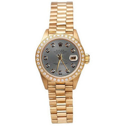 Orologio Rolex presidente in oro giallo con quadrante grigio con diamanti e lunetta da donna