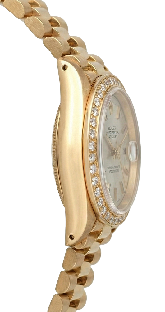 Orologio Rolex presidenziale in oro quadrante bianco con lunetta in diamanti Datejust