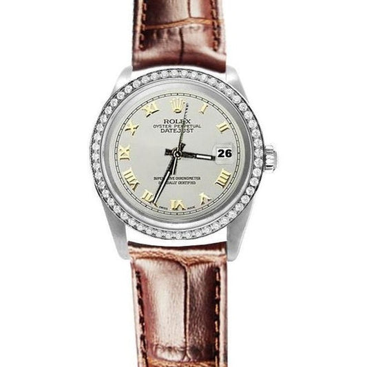 Orologio Rolex quadrante bianco romano lunetta con diamanti cinturino in pelle IMPOSTAZIONE RAPIDA