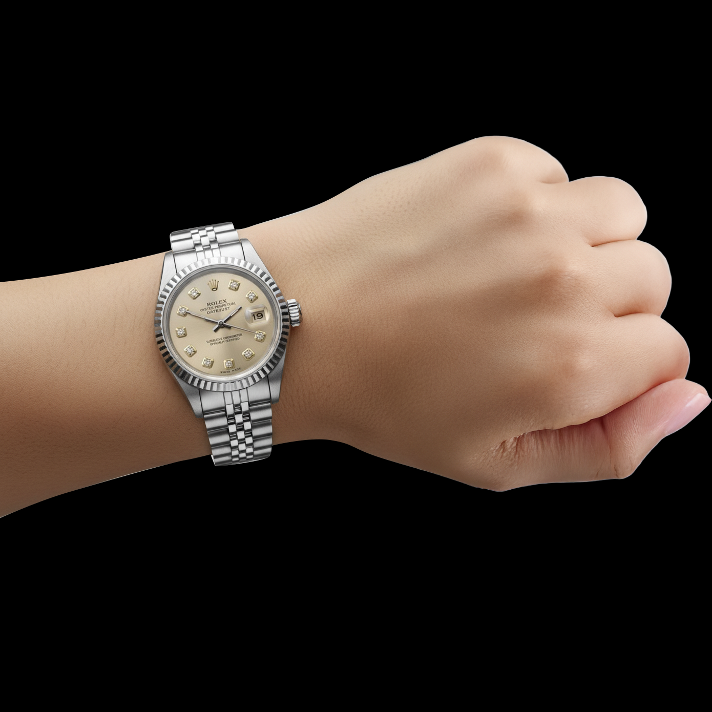 Orologio Rolex signora Datejust in argento con bracciale giubileo in acciaio inossidabile e lunetta scanalata P5