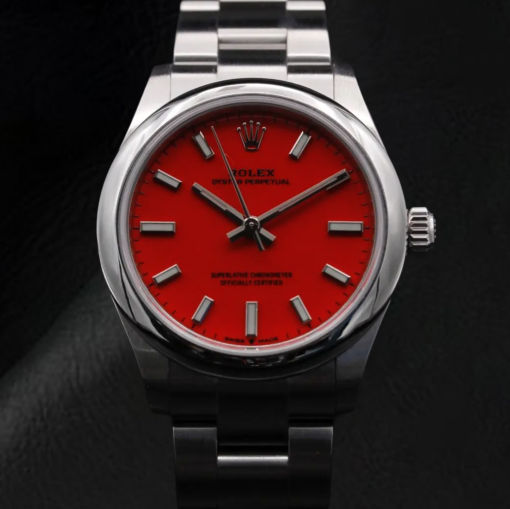 Orologio Rolex signora ostrica perpetua 31mm quadrante rosso luminoso in acciaio inossidabile