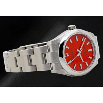 Orologio Rolex signora ostrica perpetua da 31 mm in acciaio con quadrante rosso corallo luminoso