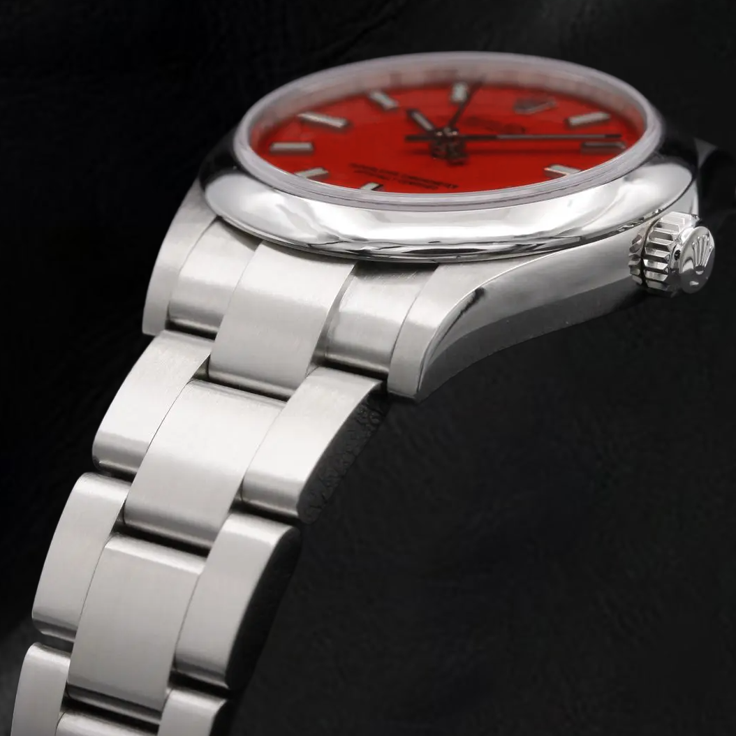 Orologio Rolex signora ostrica perpetua da 31 mm in acciaio con quadrante rosso corallo luminoso
