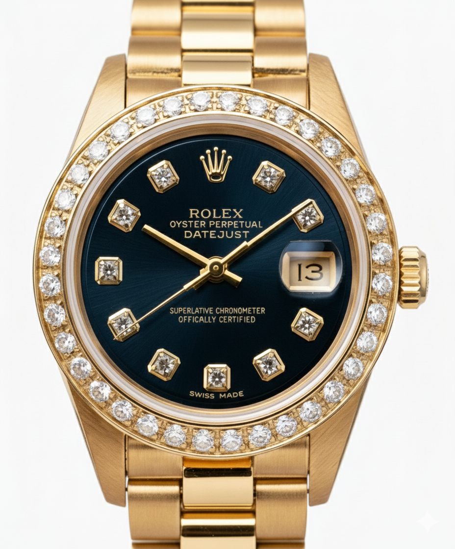 Orologio Rolex stile presidenziale quadrante blu con diamanti lunetta Datejust oro giallo