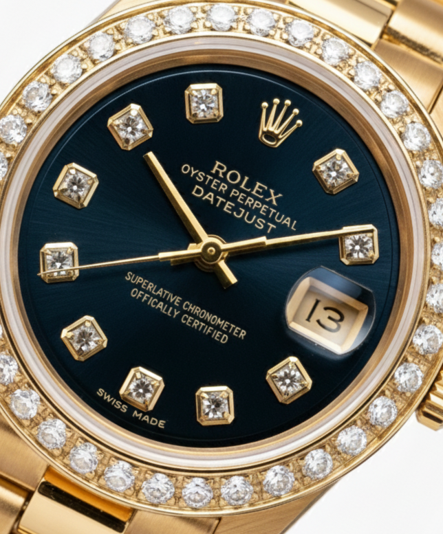 Orologio Rolex stile presidenziale quadrante blu con diamanti lunetta Datejust oro giallo