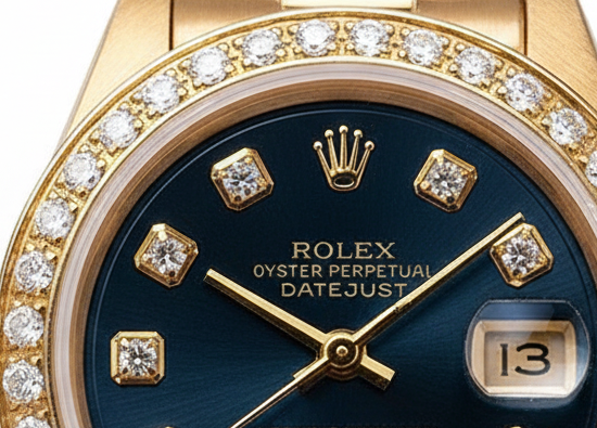 Orologio Rolex stile presidenziale quadrante blu con diamanti lunetta Datejust oro giallo