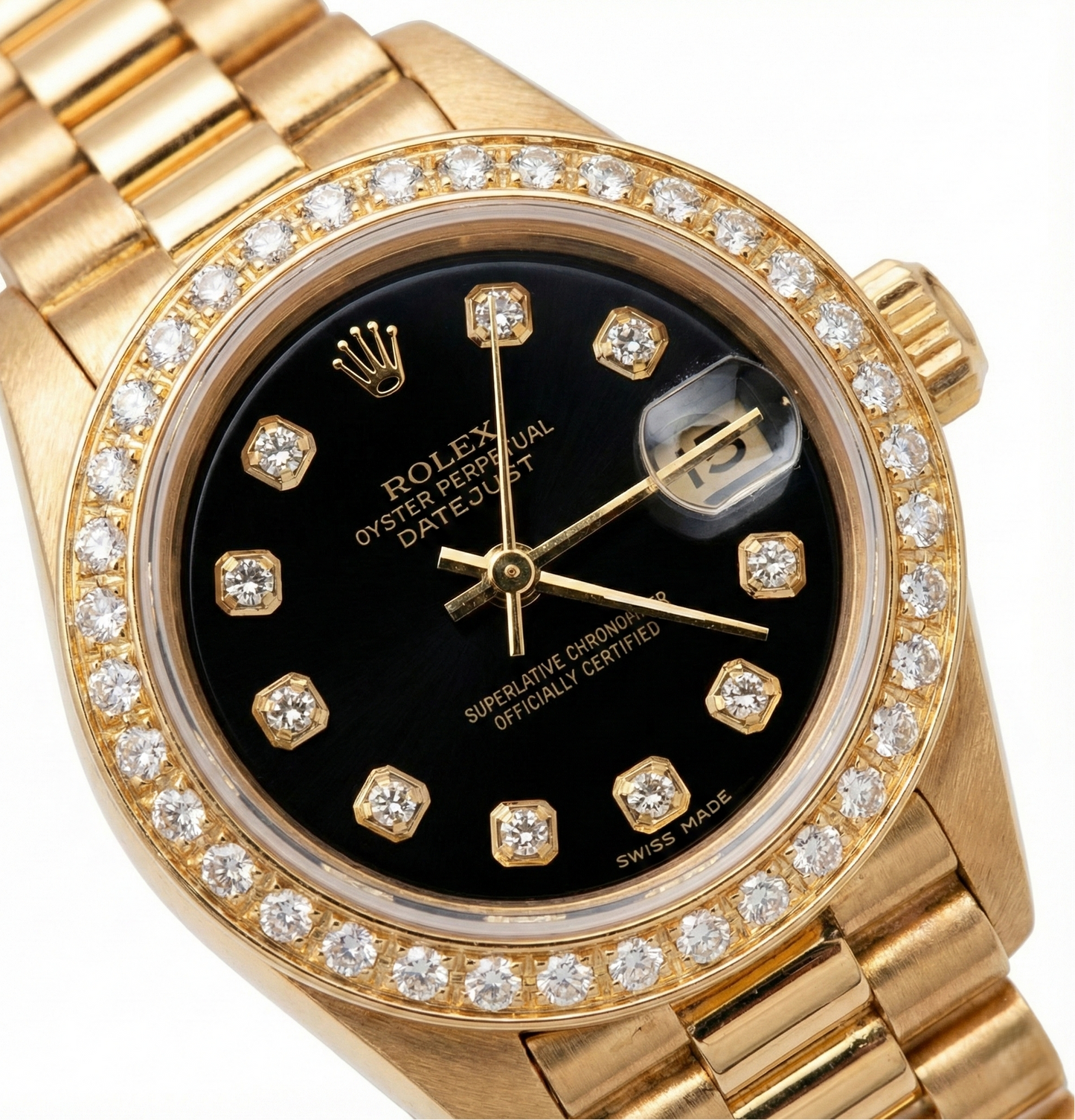 Orologio Rolex stile presidenziale quadrante nero con diamanti lunetta oro giallo Datejust