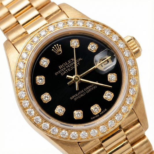 Orologio Rolex stile presidenziale quadrante nero con diamanti lunetta oro giallo Datejust