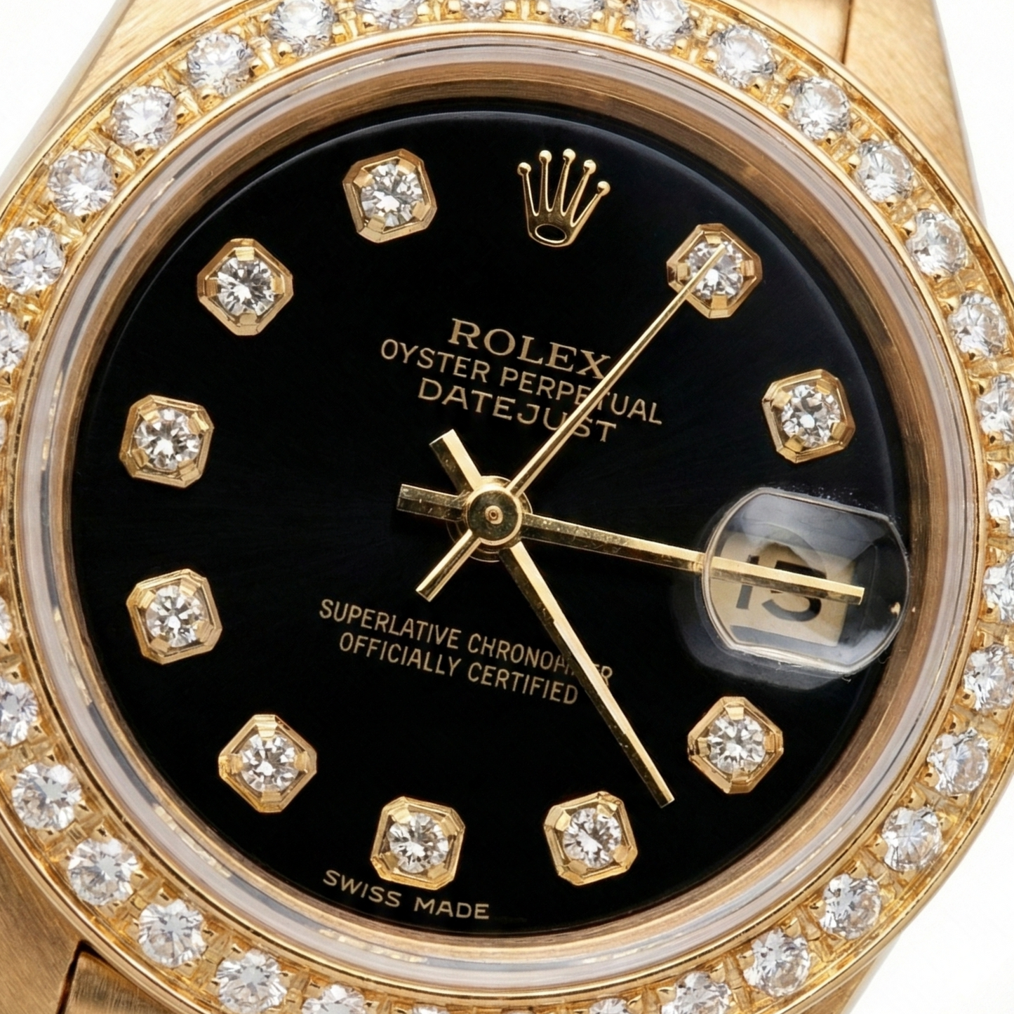 Orologio Rolex stile presidenziale quadrante nero con diamanti lunetta oro giallo Datejust