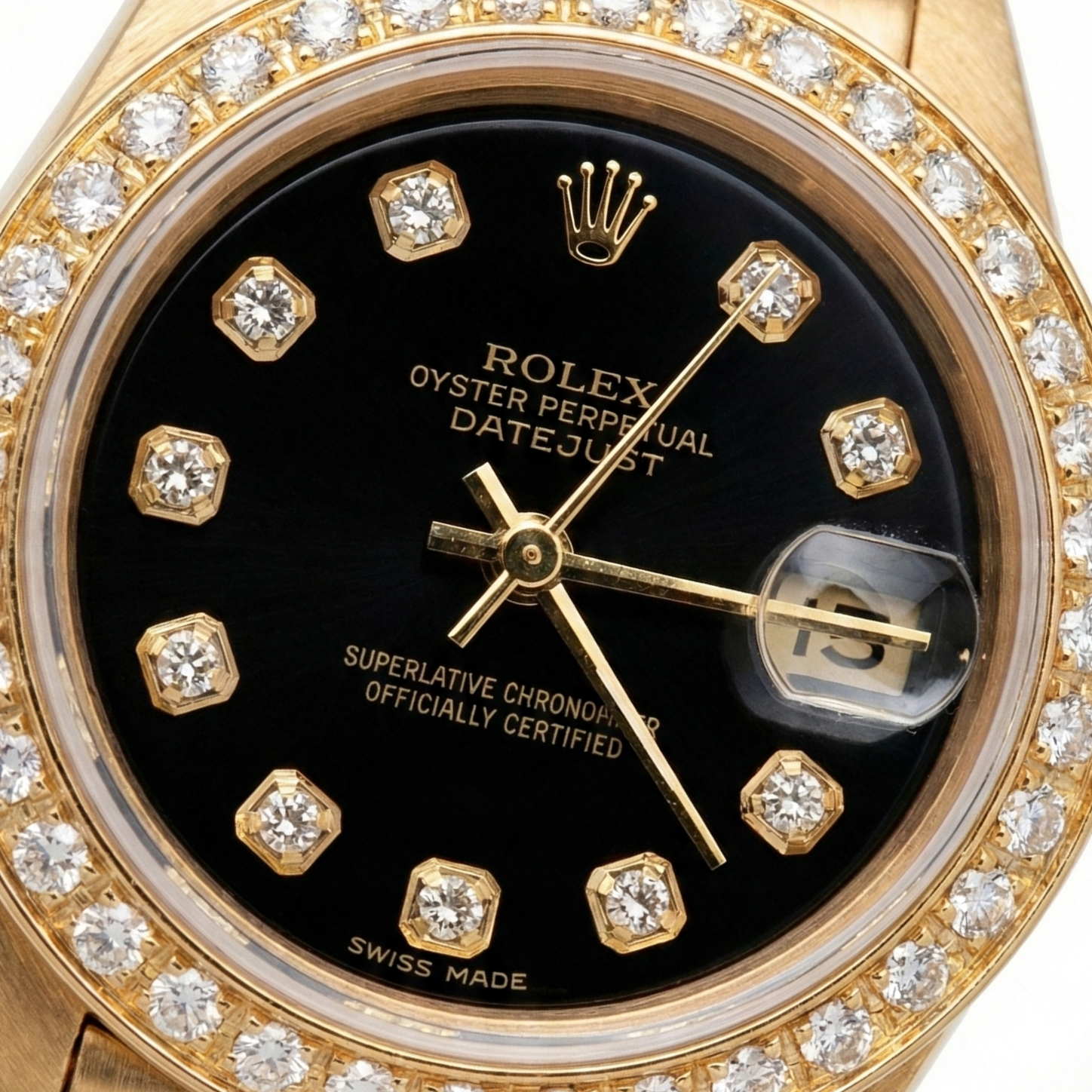 Orologio Rolex stile presidenziale quadrante nero con diamanti lunetta oro giallo Datejust