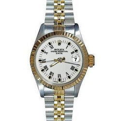 Orologio con bracciale giubileo in acciaio inossidabile e oro, quadrante bianco con numeri romani, lunetta scanalata