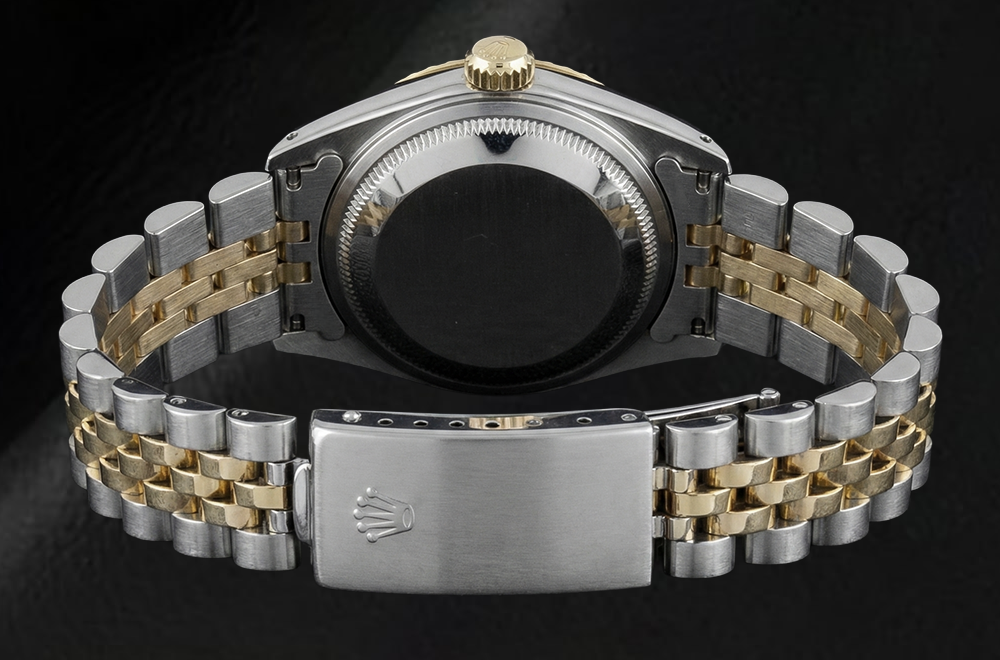 Orologio con quadrante blu e cinturino Rolex acciaio inossidabile e bracciale giubileo in oro con lunetta scanalata