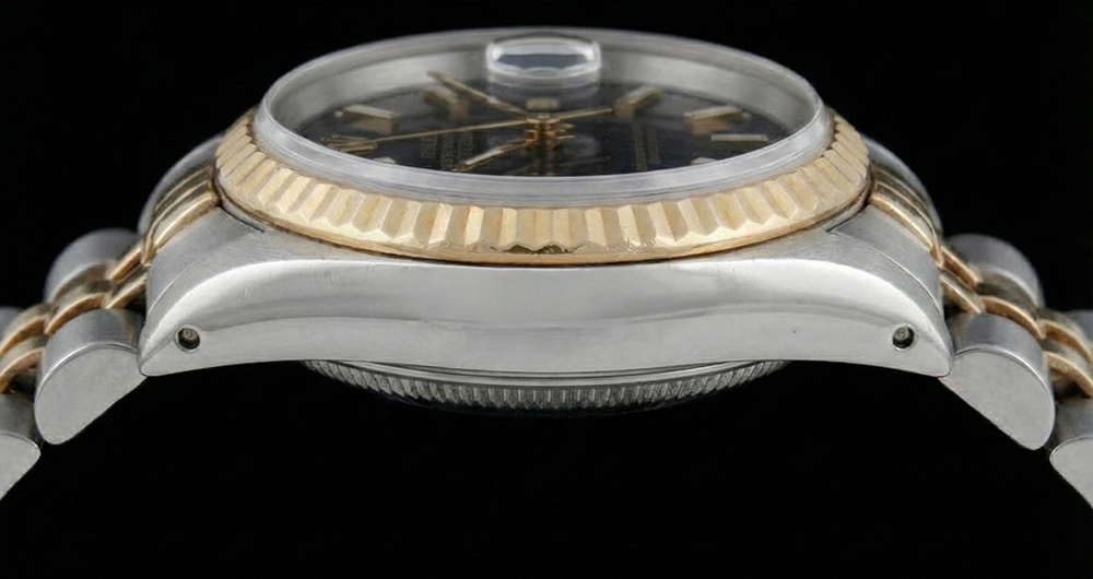 Orologio con quadrante blu e cinturino Rolex acciaio inossidabile e bracciale giubileo in oro con lunetta scanalata