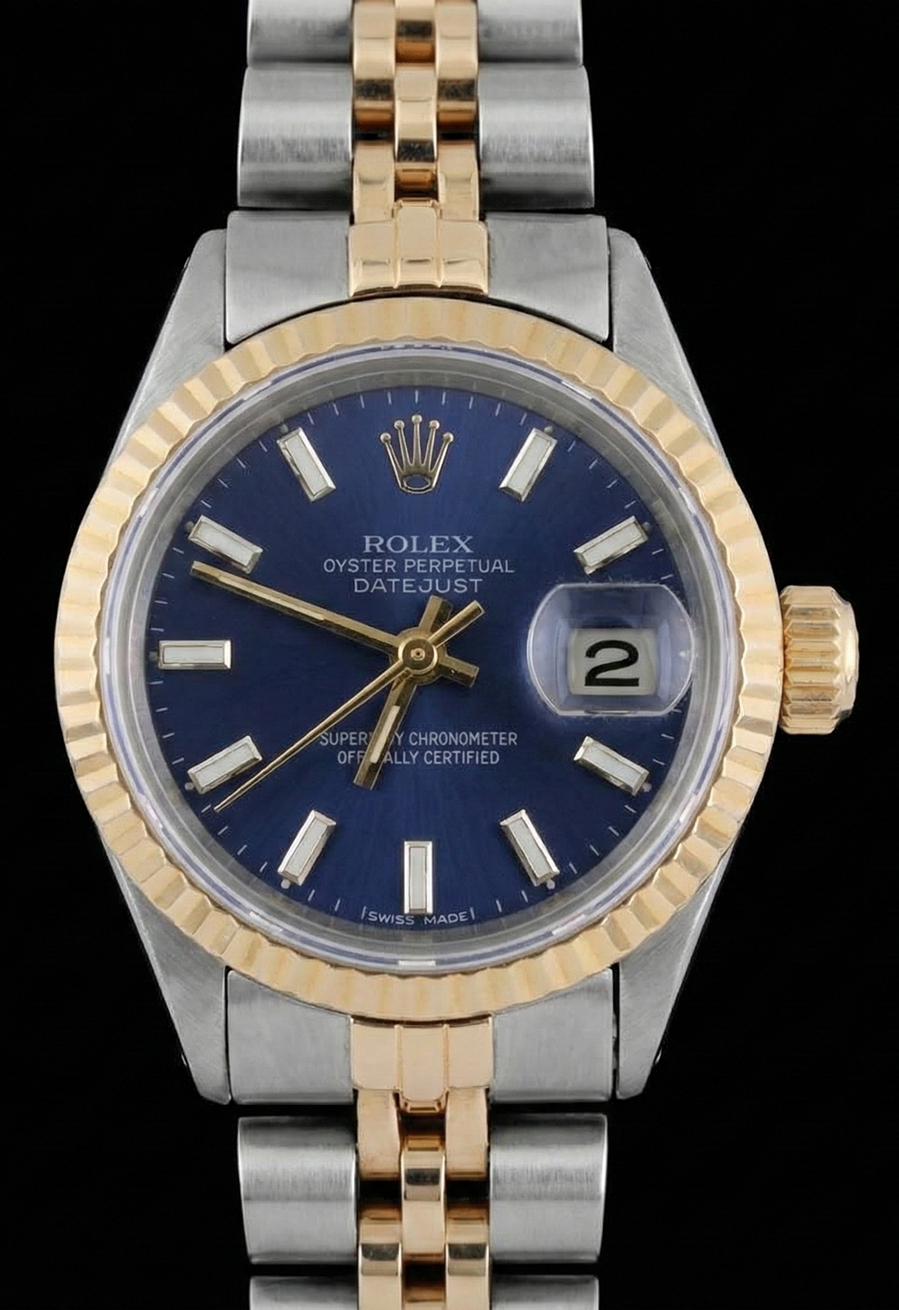 Orologio con quadrante blu e cinturino Rolex acciaio inossidabile e bracciale giubileo in oro con lunetta scanalata
