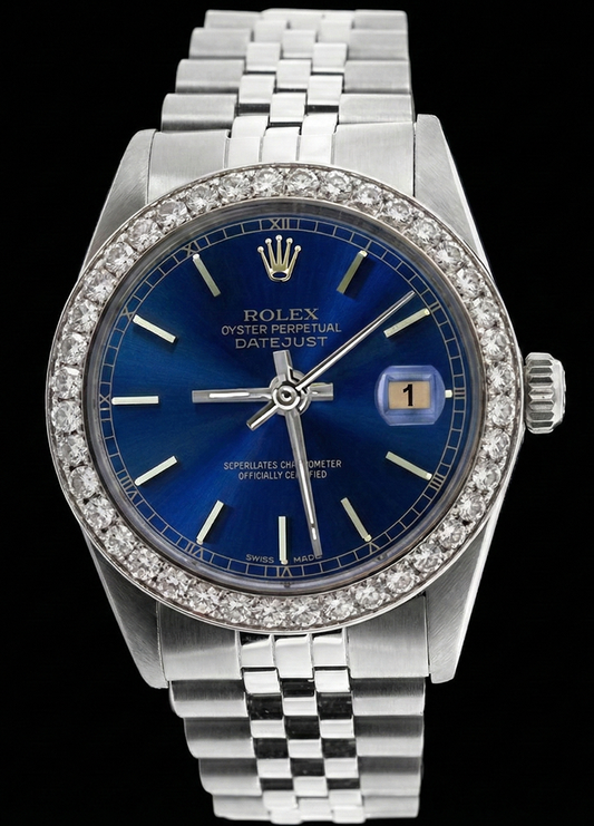 Orologio con quadrante blu e cinturino in acciaio inossidabile con diamanti perpetui Rolex da uomo