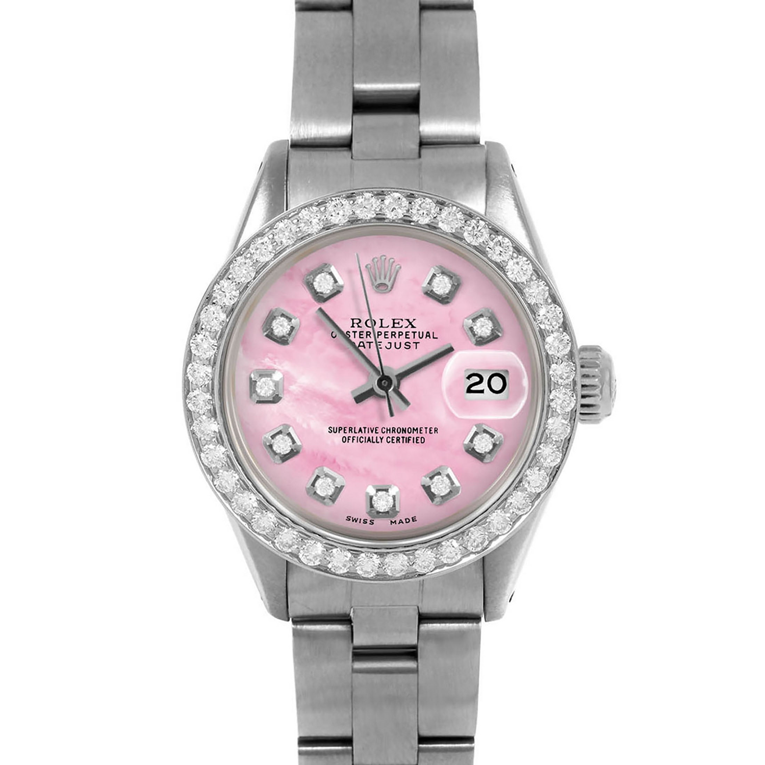 Orologio da donna Datejust Rolex 26 mm con quadrante in madreperla rosa e diamanti, bracciale Oyster in acciaio inossidabile